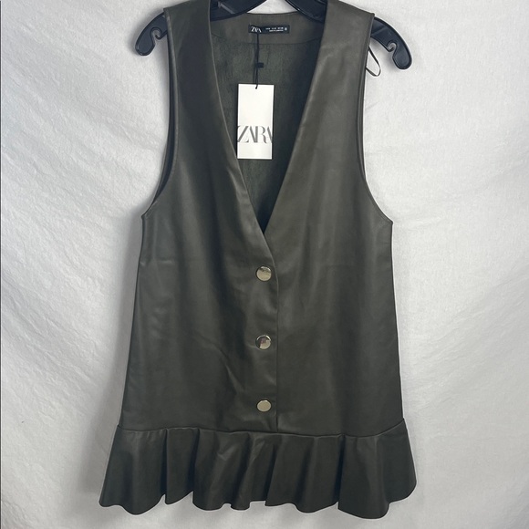 Zara Dresses & Skirts - Zara Dark Green brown faux leather Buttoned Sleeveless Dress new small